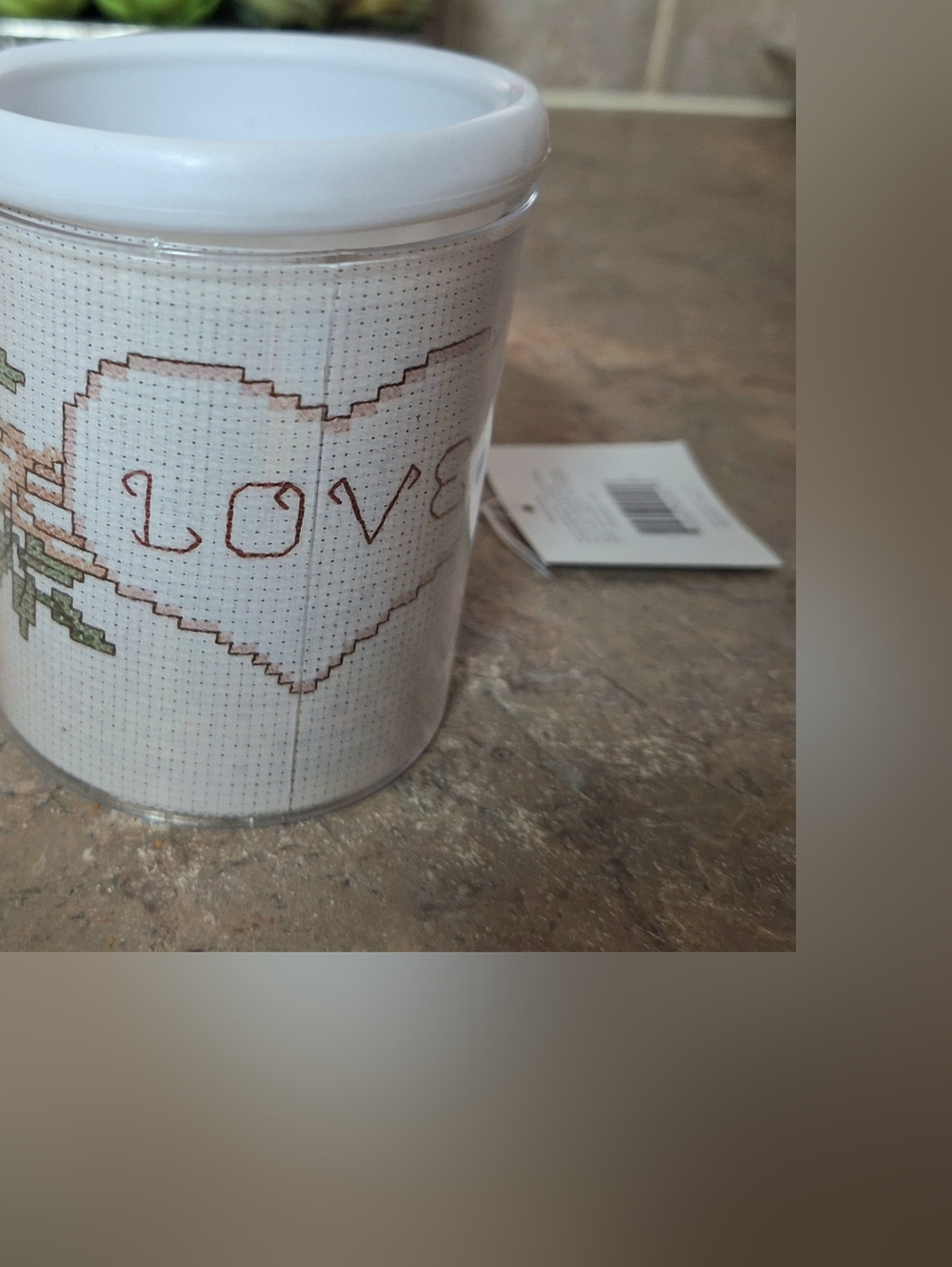 Source Unknown White and Brown 'LOVE' Cross-Stitch Patterned Jar
